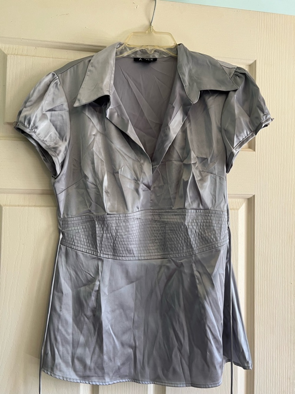 A. Byer Silver Gray Satin Collared Blouse